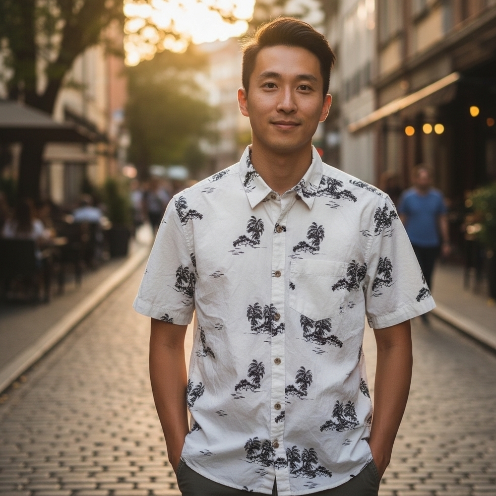 Havanera-White and Black Palm Tree Button Down